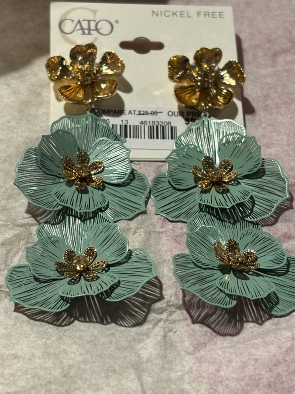 Cato Mint Green and Gold Layered Floral Drop Earrings - Picture 2 of 6